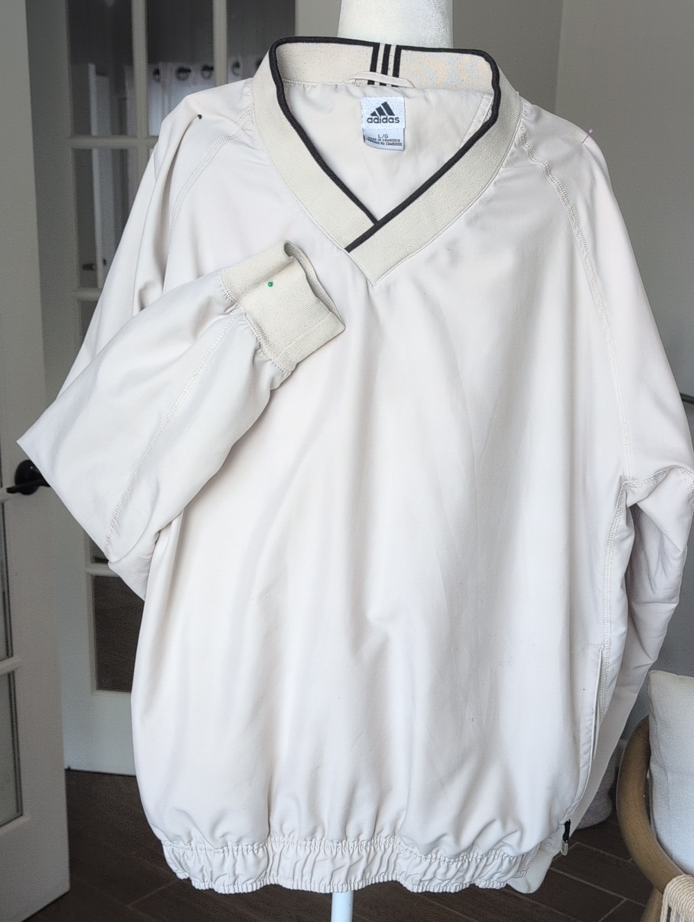 Vintage Y2K Adidas Cream Pullover Windbreaker with V-Neck Trim Mens Large